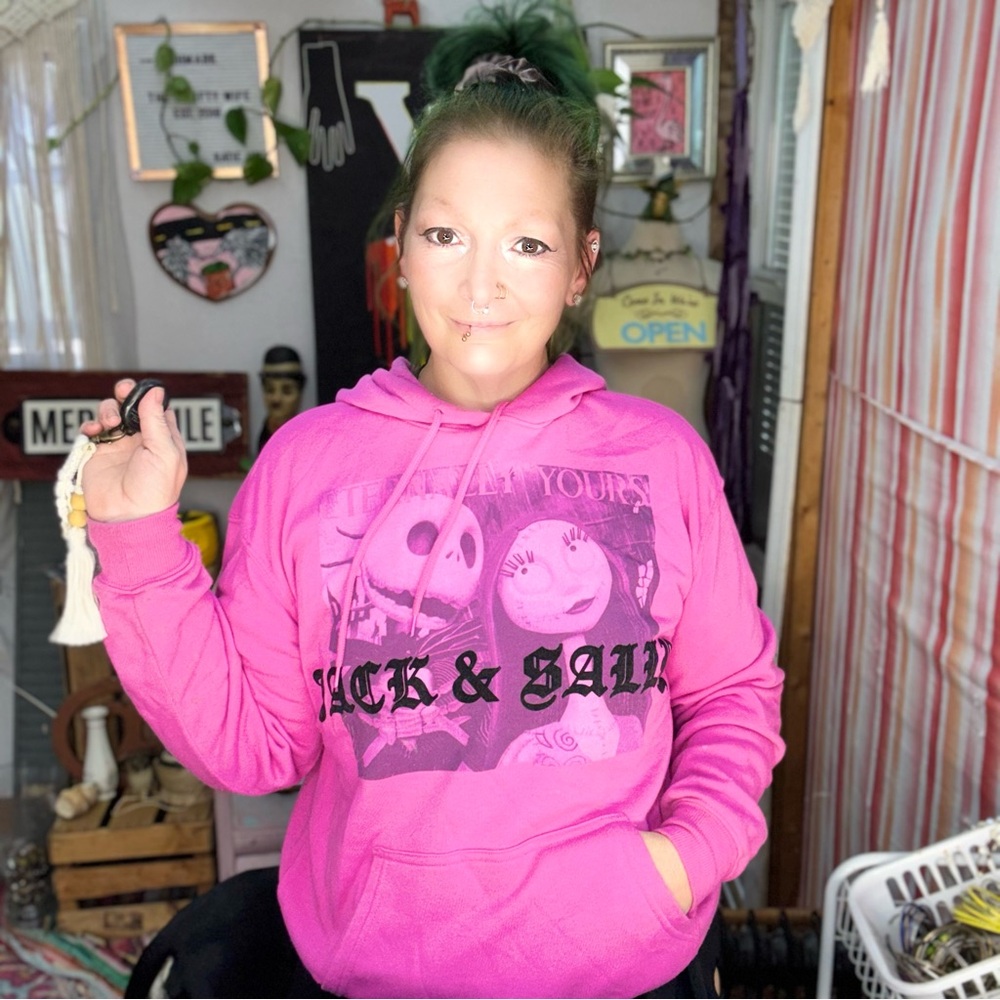 Disney Fuchsia Jack & Sally Graphic Hoodie Size Medium